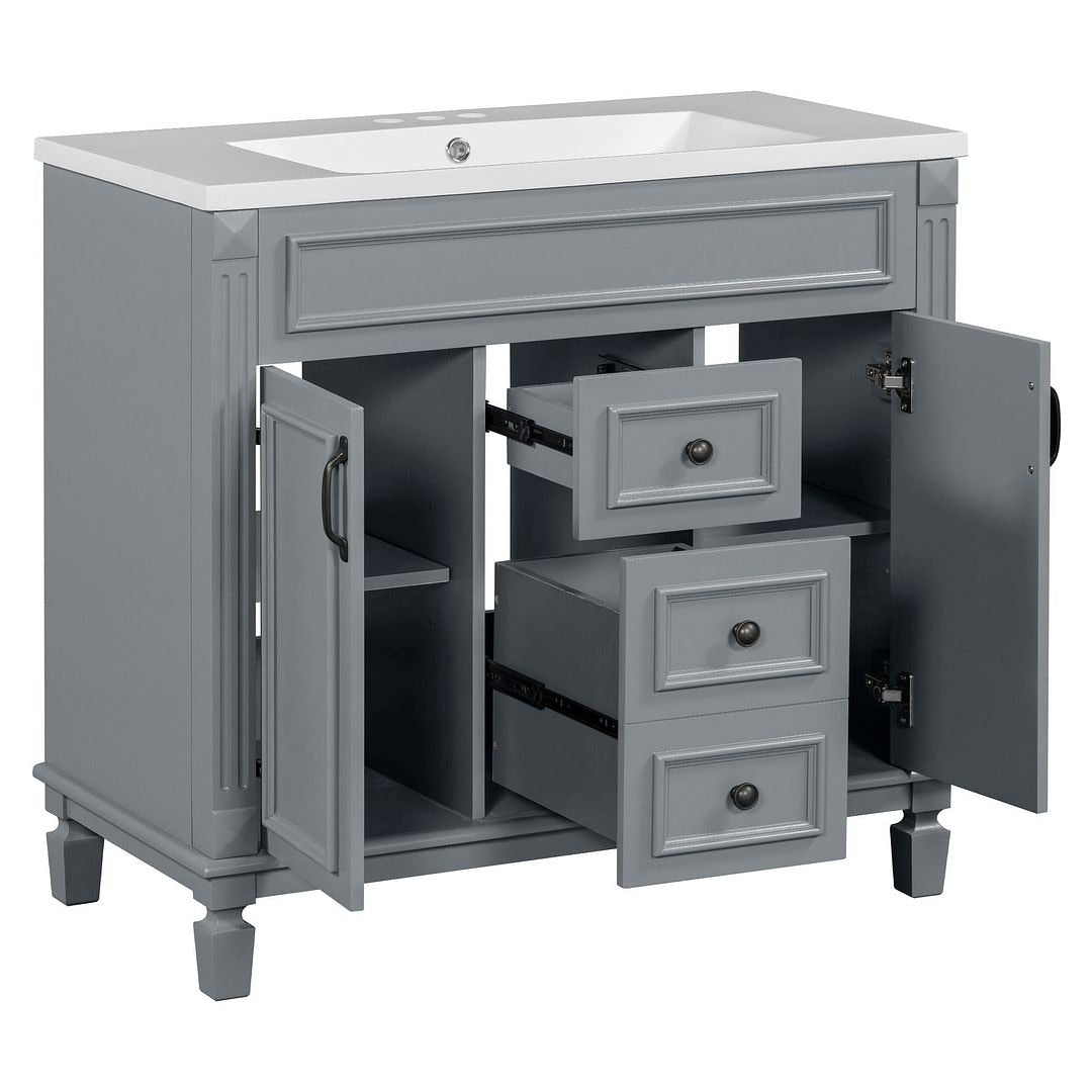 Mobile bagno moderno da 36'' con lavabo superiore e mobiletto a specchio, 2 ante e 2 cassetti