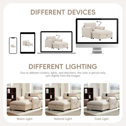 Divano singolo in ciniglia da 38 pollici con pouf contenitore, caricabatterie USB, tasche laterali portaoggetti, braccioli simili a cuscini