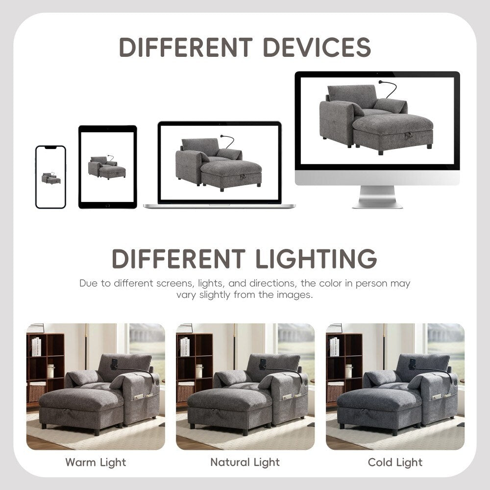 Divano singolo in ciniglia da 38 pollici con pouf contenitore, caricabatterie USB, tasche laterali portaoggetti, braccioli simili a cuscini