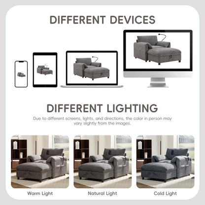 Divano singolo in ciniglia da 38 pollici con pouf contenitore, caricabatterie USB, tasche laterali portaoggetti, braccioli simili a cuscini