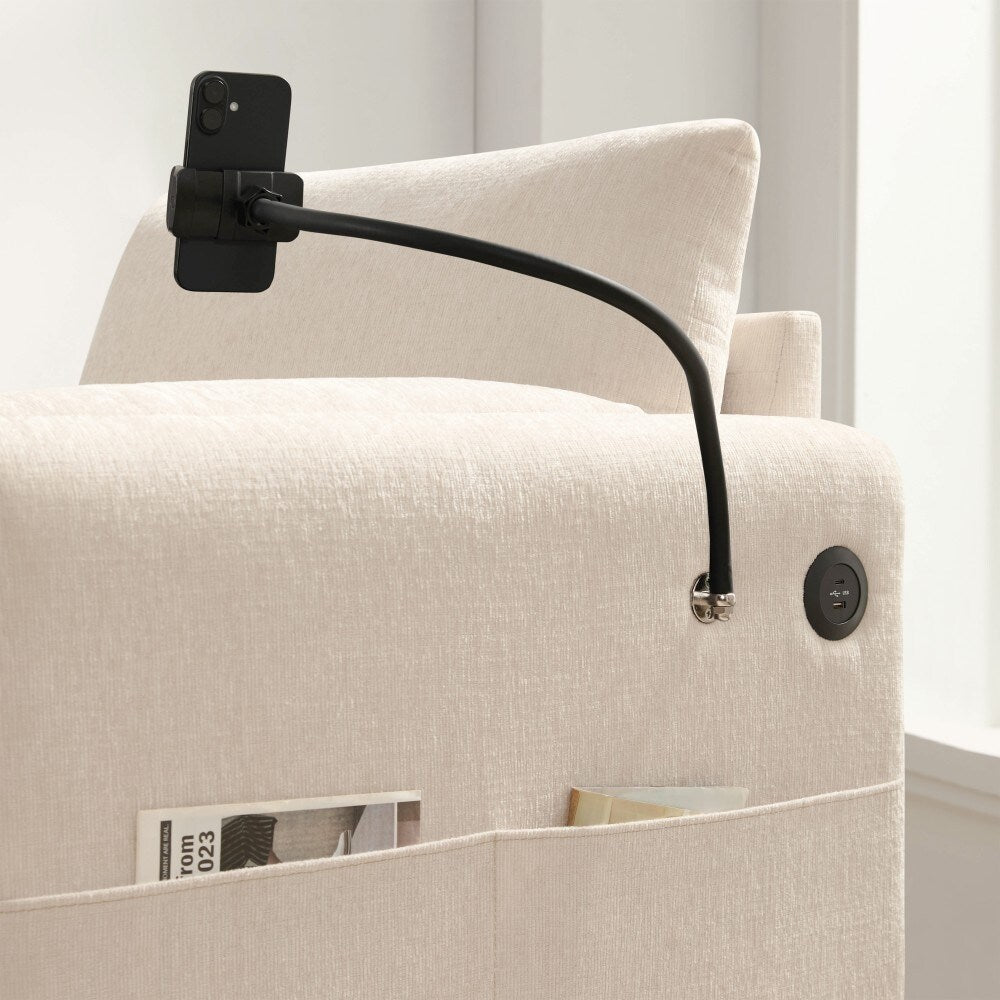 Divano singolo in ciniglia da 38 pollici con pouf contenitore, caricabatterie USB, tasche laterali portaoggetti, braccioli simili a cuscini