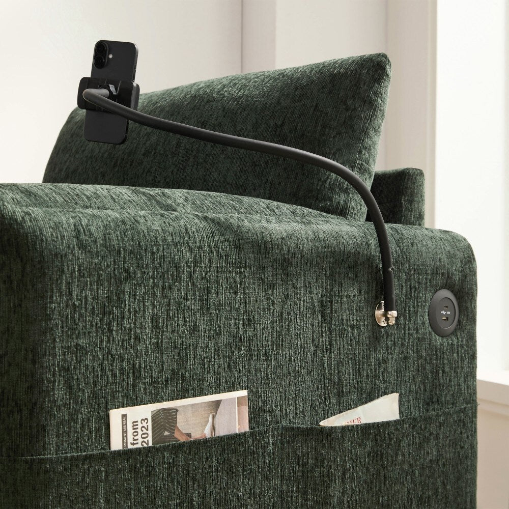 Divano singolo in ciniglia da 38 pollici con pouf contenitore, caricabatterie USB, tasche laterali portaoggetti, braccioli simili a cuscini