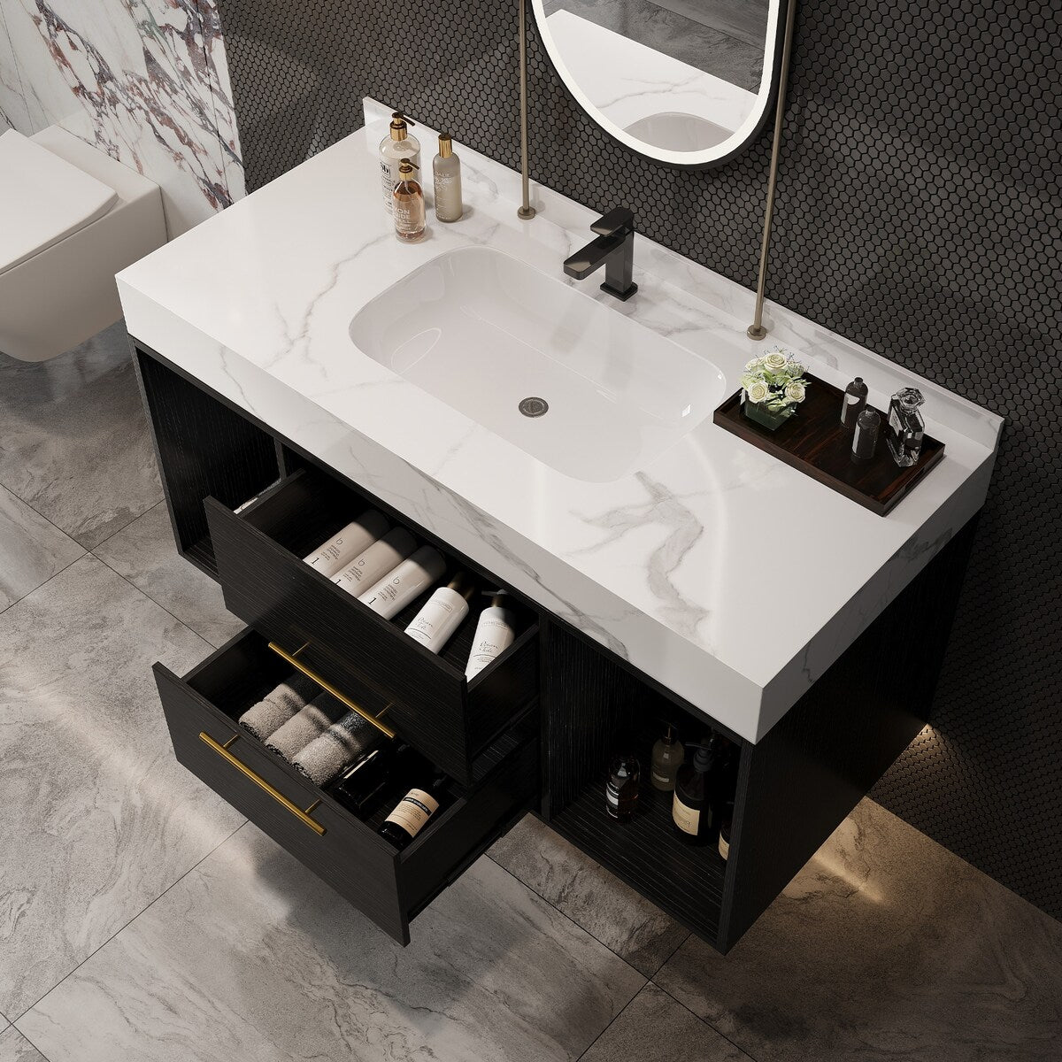 Mobile bagno sospeso da 39,4'' con lavabo in ceramica, mobile sospeso a parete, 2 cassetti con chiusura ammortizzata e piano in ardesia bianca - 39'4 x 18'9