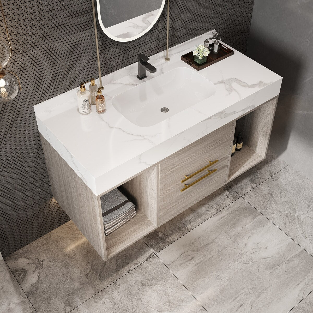 Mobile bagno sospeso da 39,4'' con lavabo in ceramica, mobile sospeso a parete, 2 cassetti con chiusura ammortizzata e piano in ardesia bianca - 39'4 x 18'9