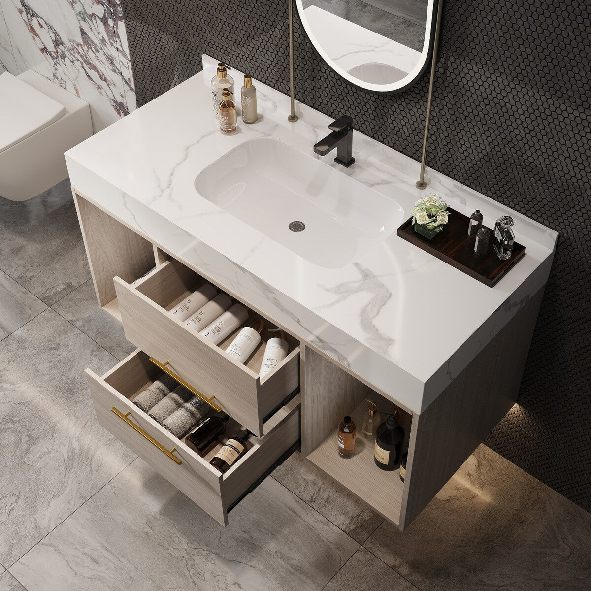 Mobile bagno sospeso da 39,4'' con lavabo in ceramica, mobile sospeso a parete, 2 cassetti con chiusura ammortizzata e piano in ardesia bianca - 39'4 x 18'9