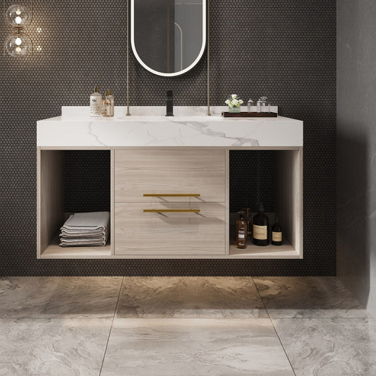 Mobile bagno sospeso da 39,4'' con lavabo in ceramica, mobile sospeso a parete, 2 cassetti con chiusura ammortizzata e piano in ardesia bianca - 39'4 x 18'9