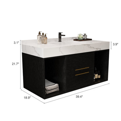 Mobile bagno sospeso da 39,4'' con lavabo in ceramica, mobile sospeso a parete, 2 cassetti con chiusura ammortizzata e piano in ardesia bianca - 39'4 x 18'9