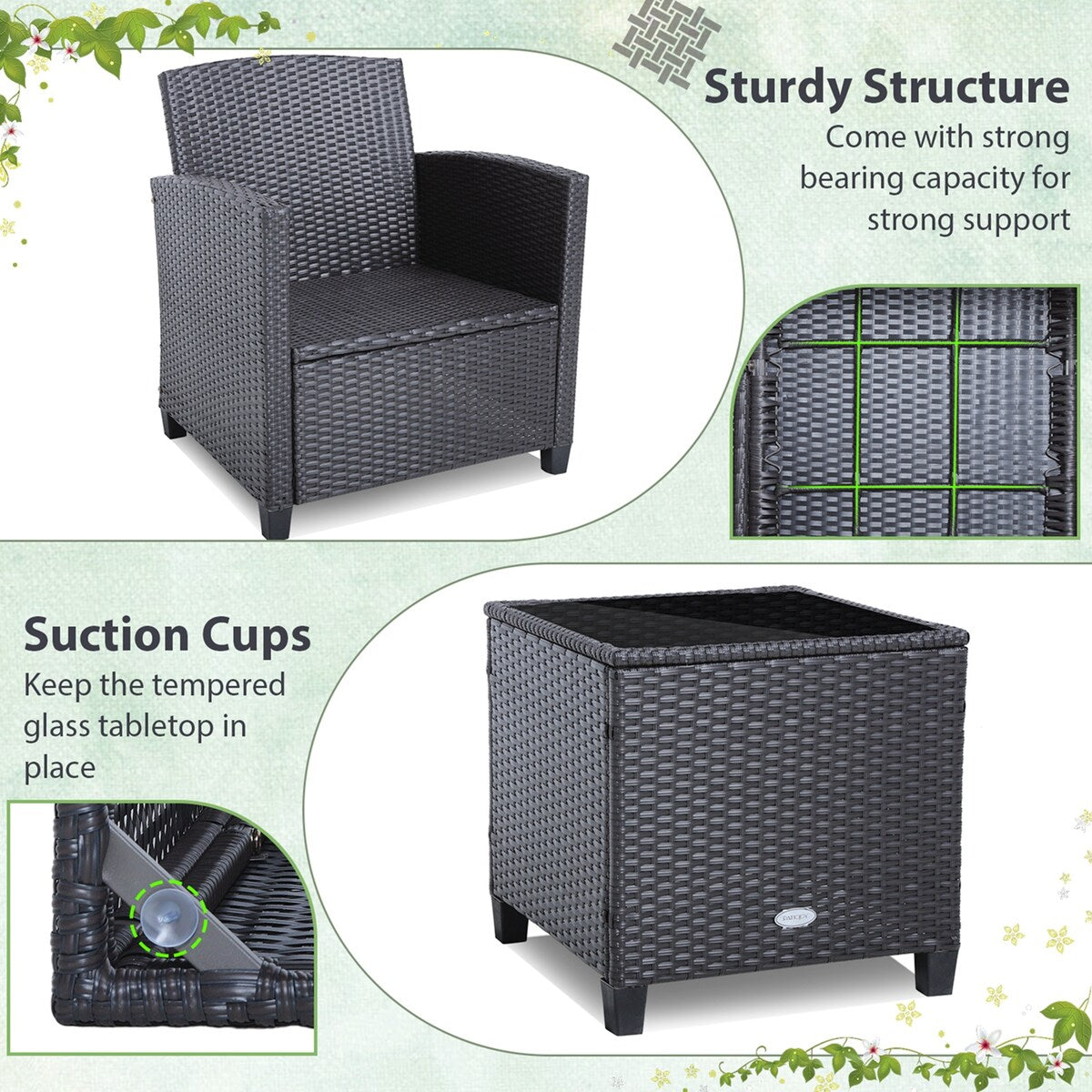 Set di 3 mobili da giardino in vimini per balcone e patio con fodere per cuscini