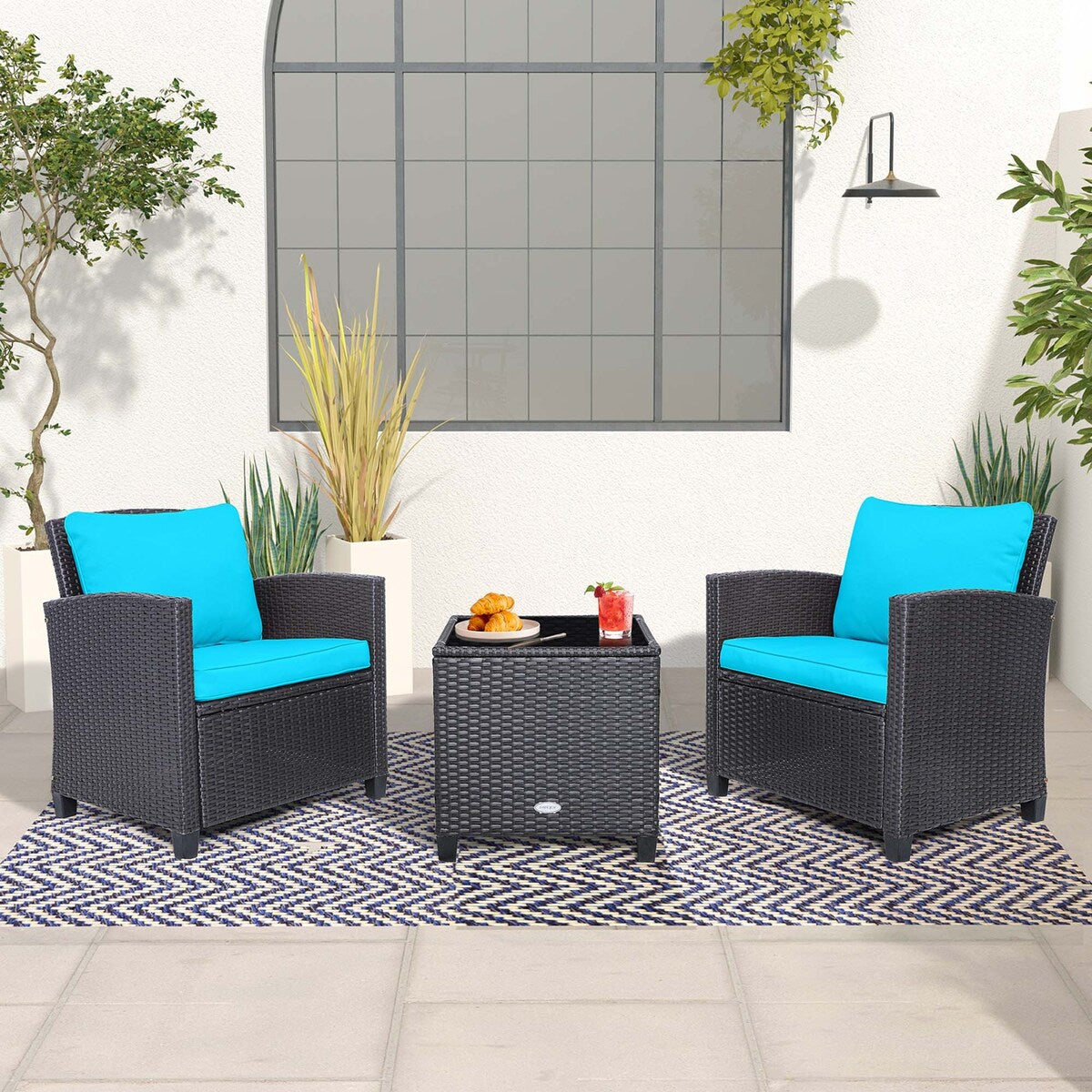 Set di 3 mobili da giardino in vimini per balcone e patio con fodere per cuscini