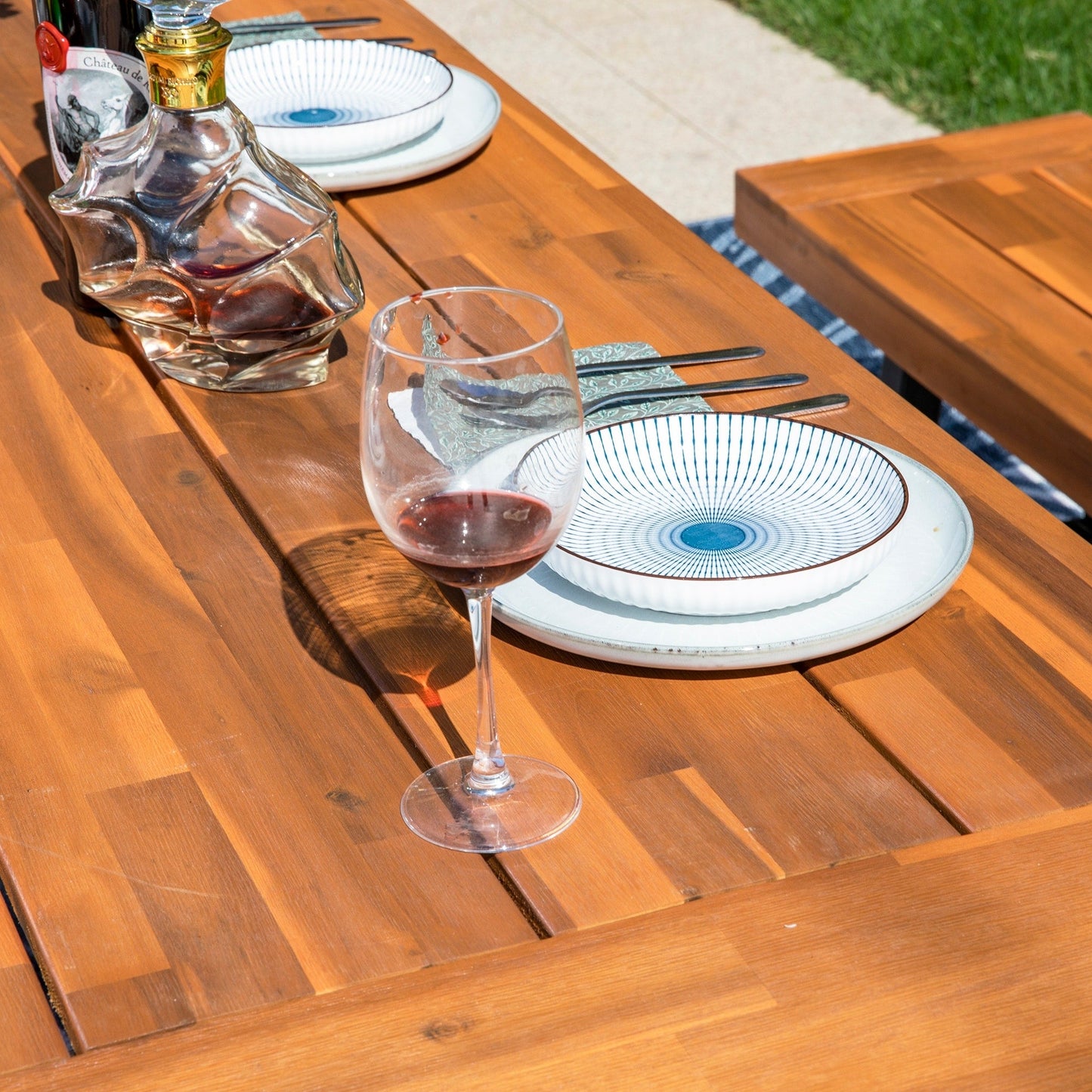 MAISON ARTS Set da pranzo per esterni da 3 pezzi in legno di acacia con 1 tavolo da picnic rettangolare e 2 panche