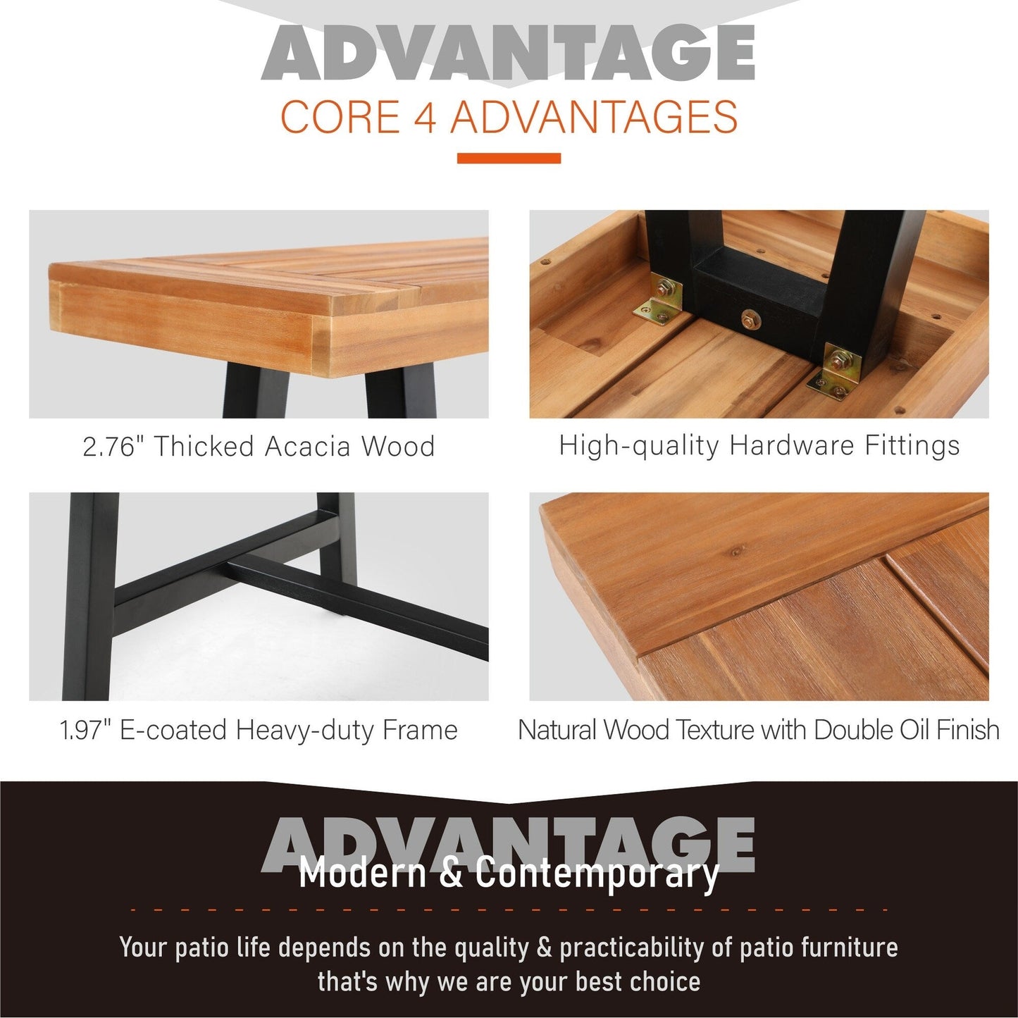 MAISON ARTS Set da pranzo per esterni da 3 pezzi in legno di acacia con 1 tavolo da picnic rettangolare e 2 panche