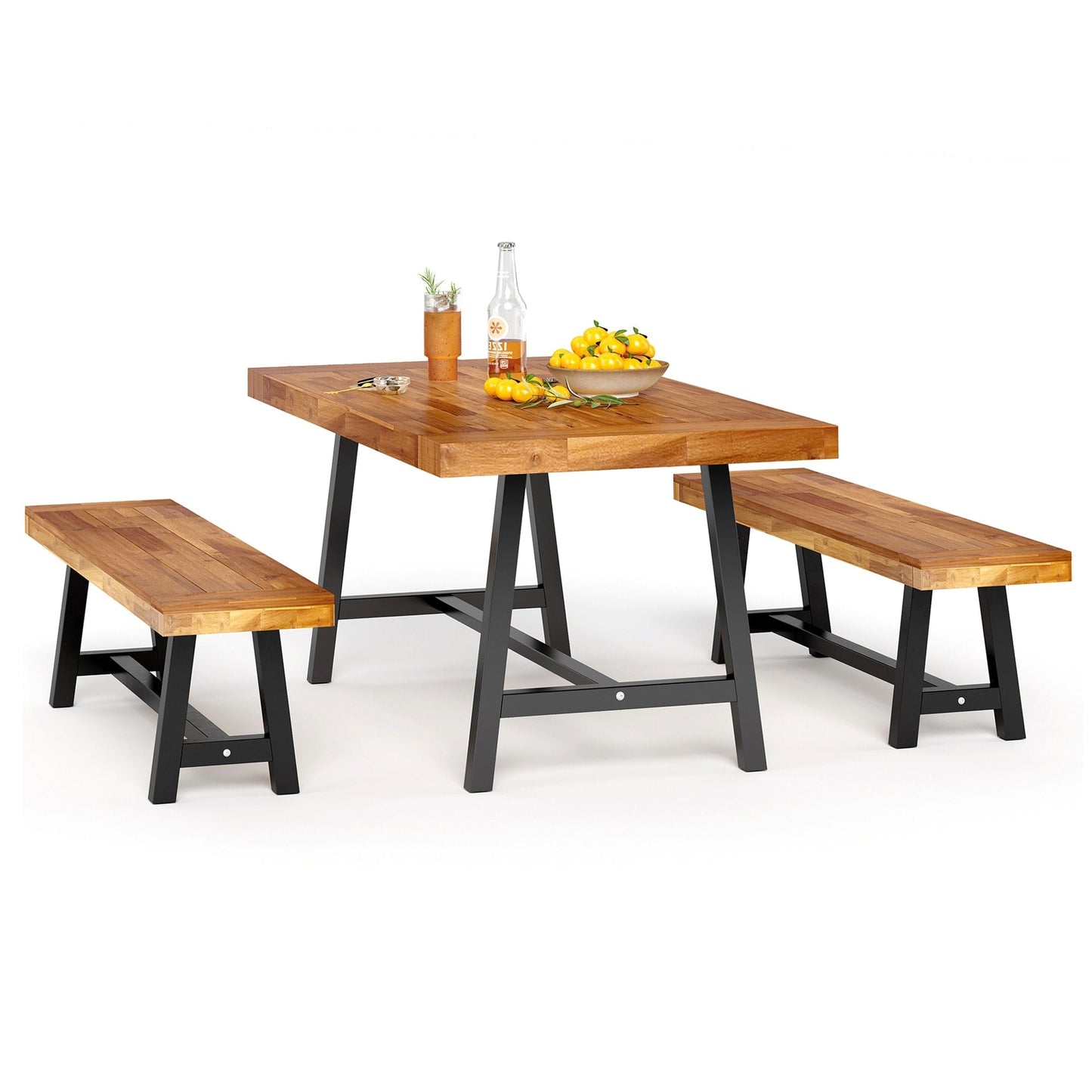 MAISON ARTS Set da pranzo per esterni da 3 pezzi in legno di acacia con 1 tavolo da picnic rettangolare e 2 panche