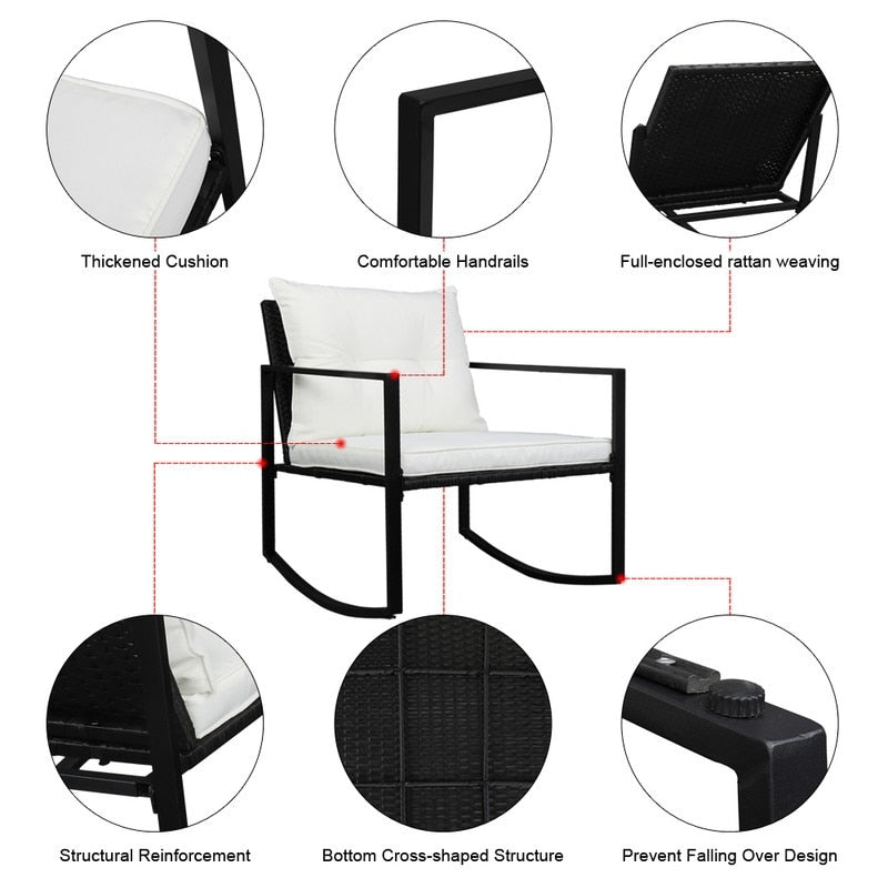 Set di mobili da esterno in vimini da 3 pezzi, set da conversazione a dondolo con cuscini