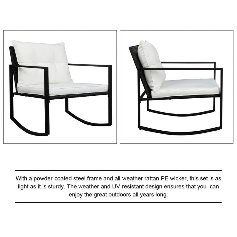 Set di mobili da esterno in vimini da 3 pezzi, set da conversazione a dondolo con cuscini