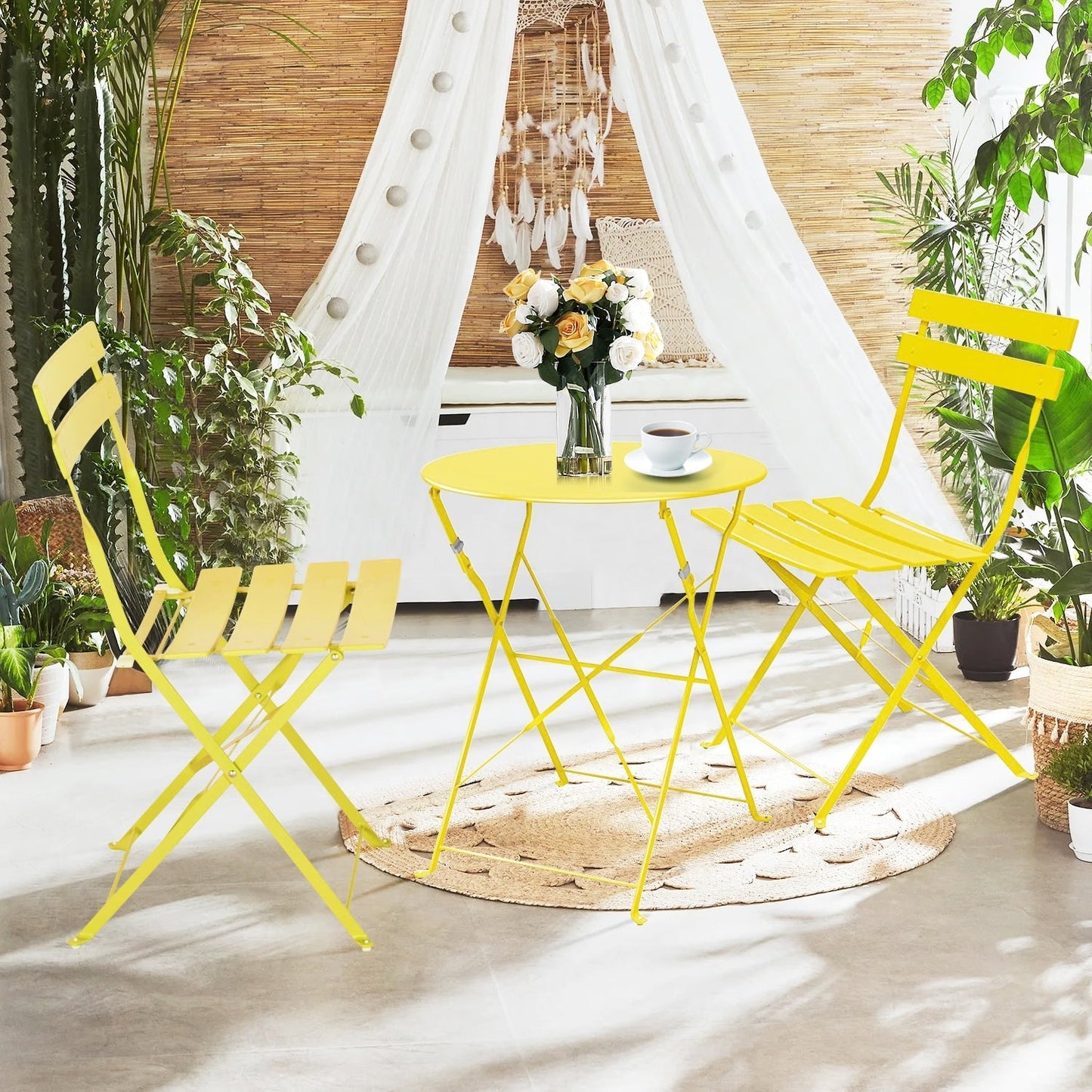 Set da bistrot pieghevole in metallo da 3 pezzi, set da conversazione per esterni/interni resistente alle intemperie per patio, cortile, giardino