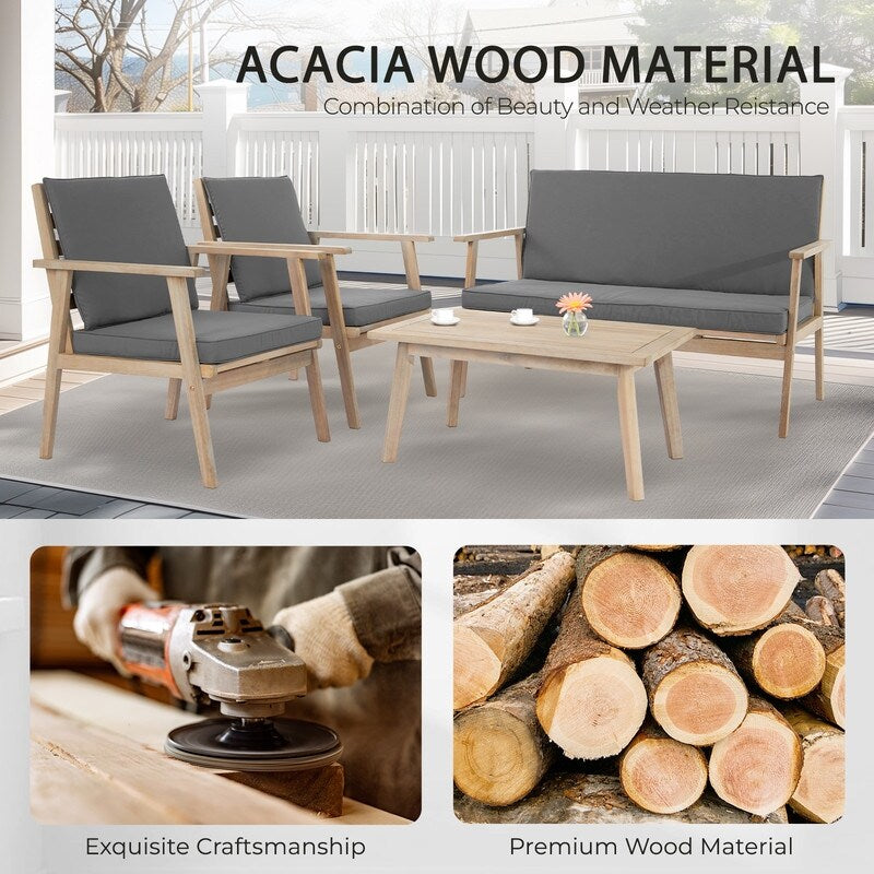 Set da conversazione in legno per 4 persone con cuscini e posti a sedere all'aperto