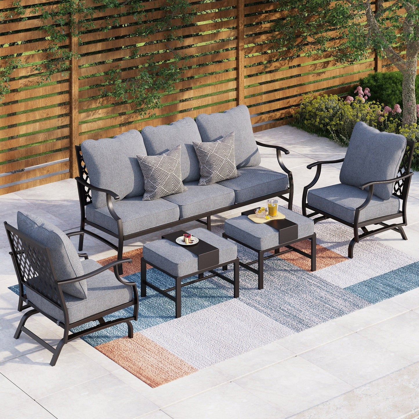 MAISON ARTS Set da conversazione per patio da 4/5 pezzi, set di divani con 2 poltrone singole, 1 divano a 3 posti e tavolino/pouf