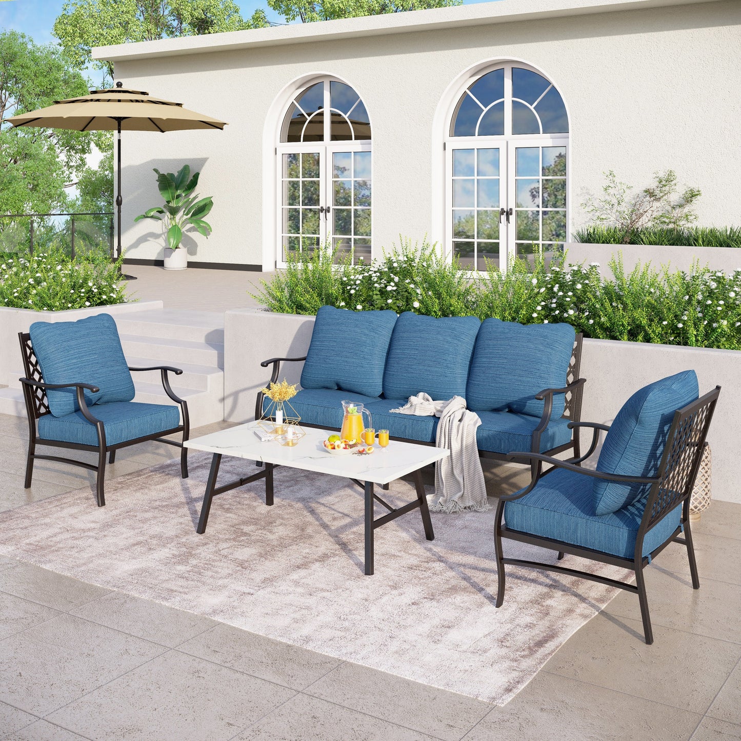 MAISON ARTS Set da conversazione per patio da 4/5 pezzi, set di divani con 2 poltrone singole, 1 divano a 3 posti e tavolino/pouf