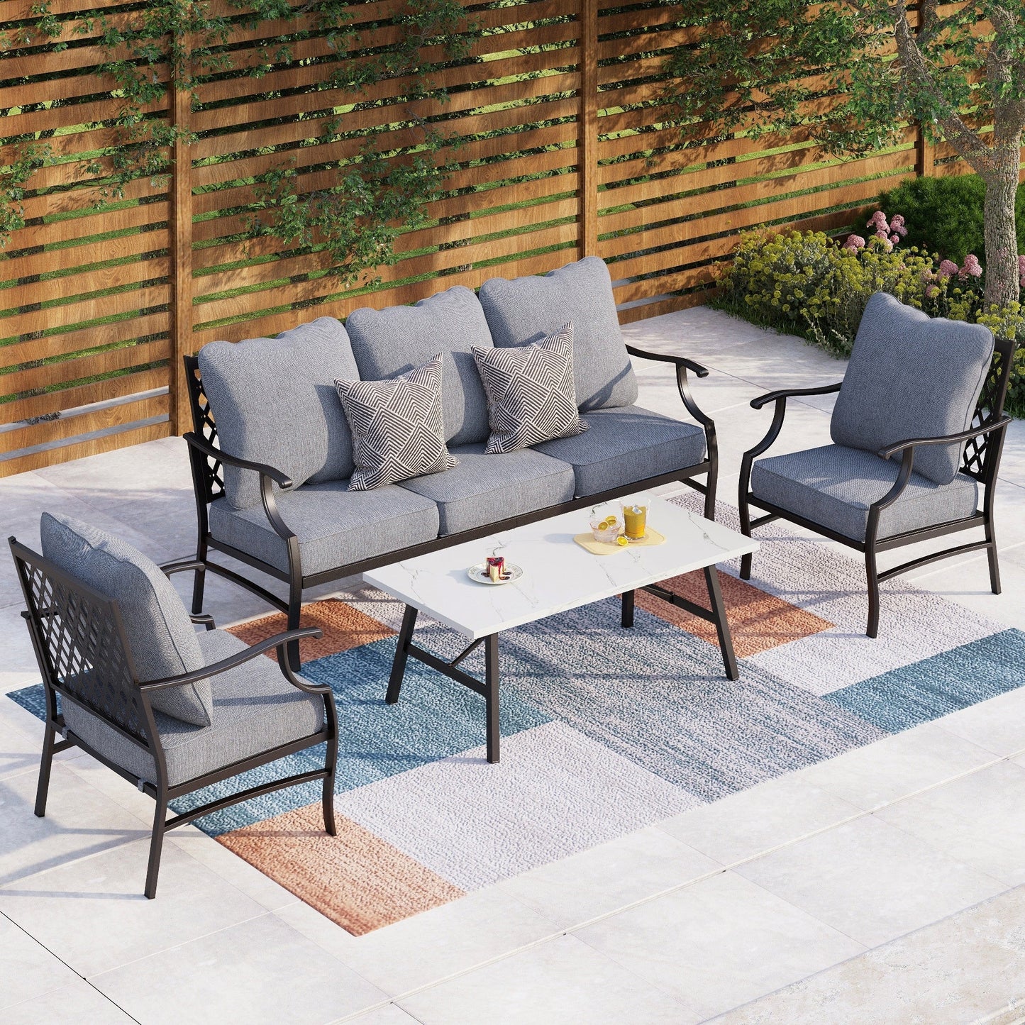 MAISON ARTS Set da conversazione per patio da 4/5 pezzi, set di divani con 2 poltrone singole, 1 divano a 3 posti e tavolino/pouf
