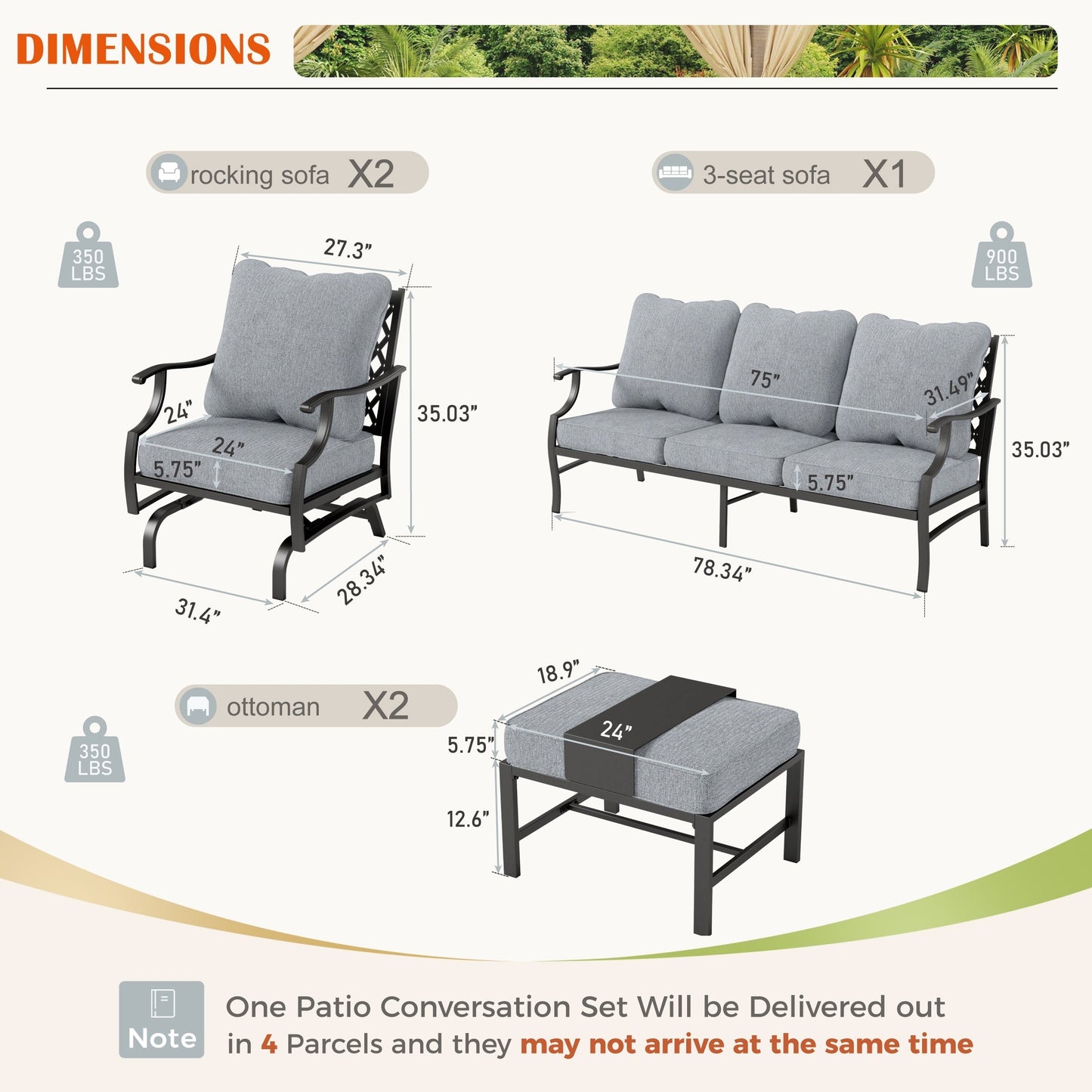 MAISON ARTS Set da conversazione per patio da 4/5 pezzi, set di divani con 2 poltrone singole, 1 divano a 3 posti e tavolino/pouf