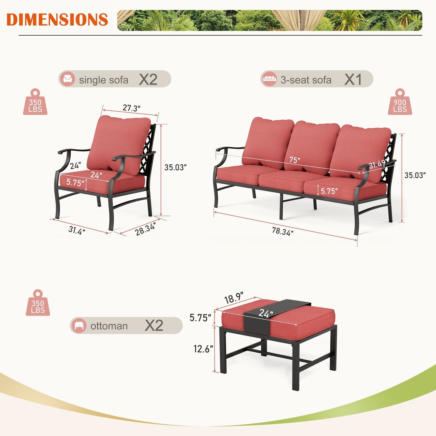 MAISON ARTS Set da conversazione per patio da 4/5 pezzi, set di divani con 2 poltrone singole, 1 divano a 3 posti e tavolino/pouf