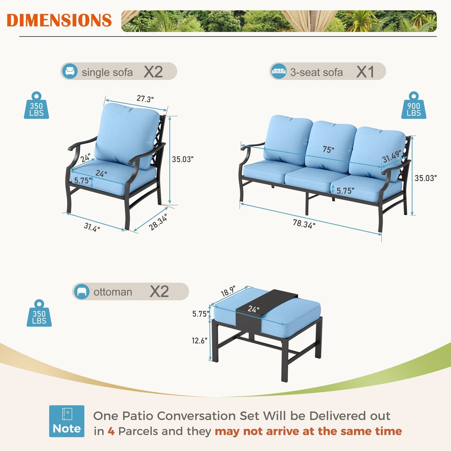 MAISON ARTS Set da conversazione per patio da 4/5 pezzi, set di divani con 2 poltrone singole, 1 divano a 3 posti e tavolino/pouf