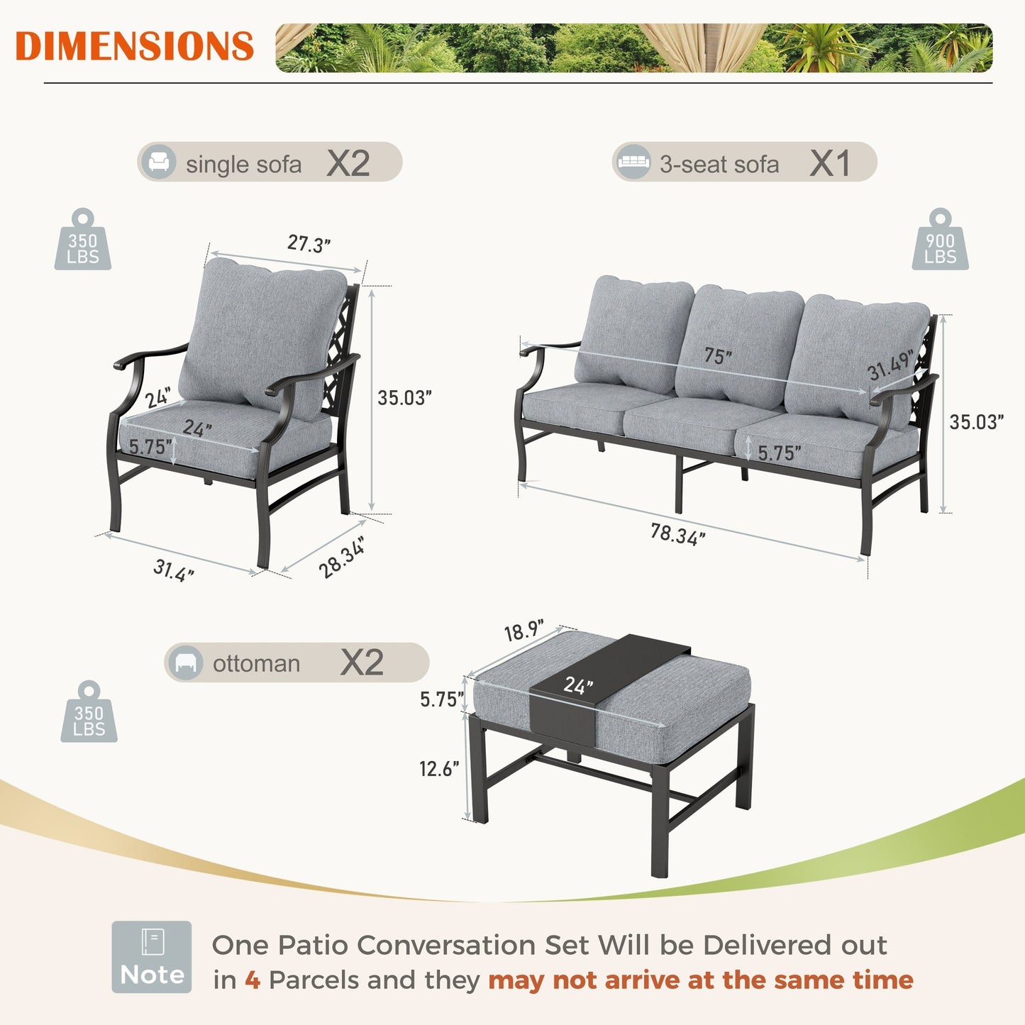 MAISON ARTS Set da conversazione per patio da 4/5 pezzi, set di divani con 2 poltrone singole, 1 divano a 3 posti e tavolino/pouf