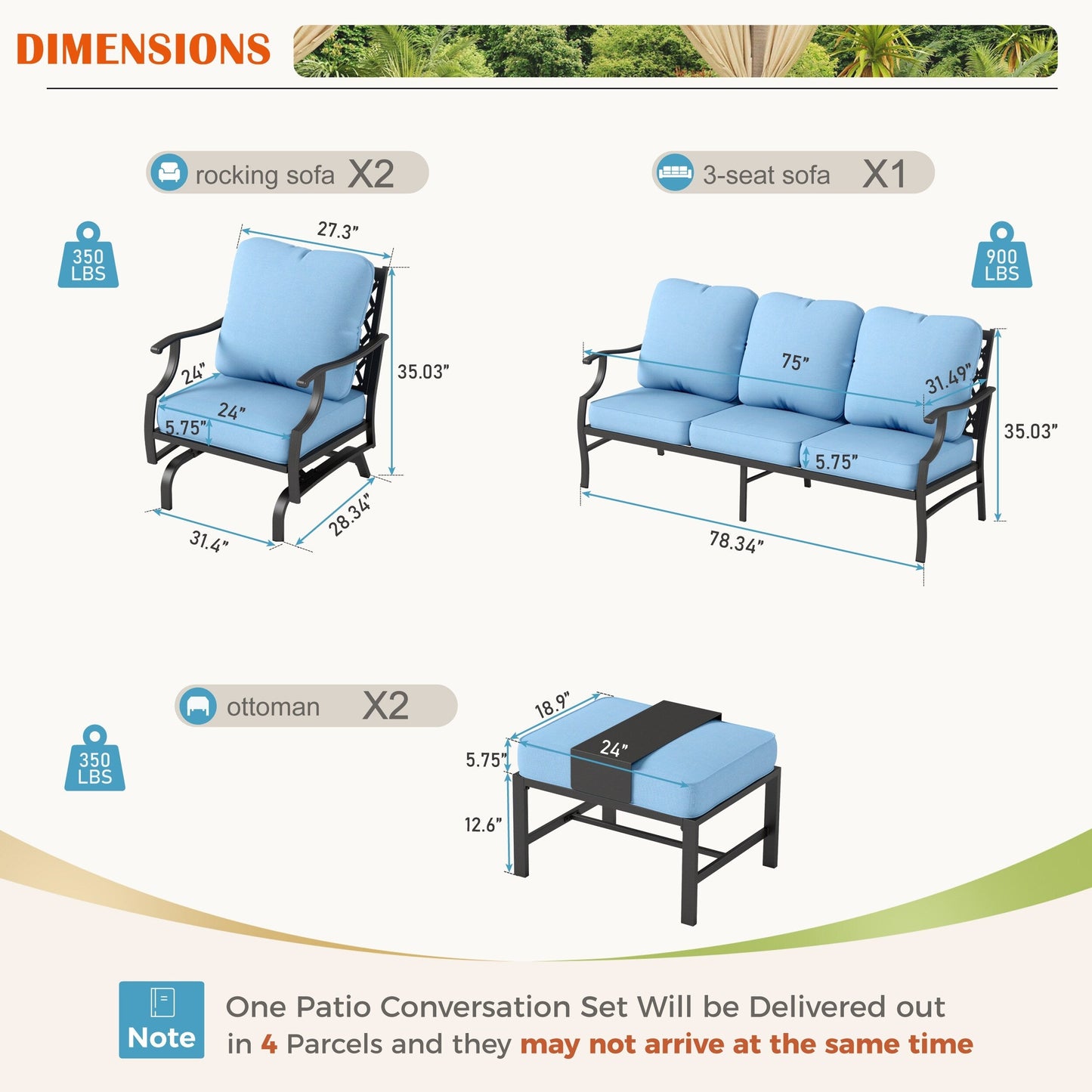 MAISON ARTS Set da conversazione per patio da 4/5 pezzi, set di divani con 2 poltrone singole, 1 divano a 3 posti e tavolino/pouf