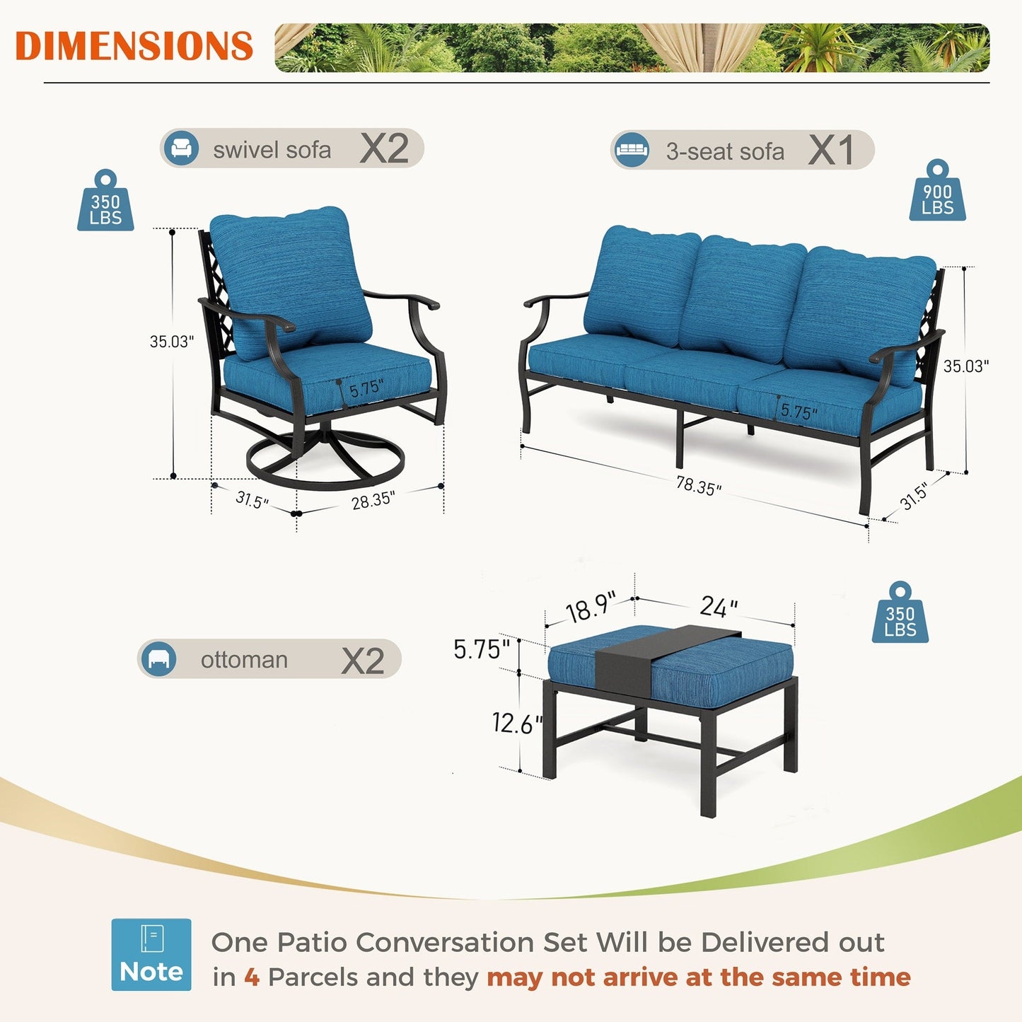 MAISON ARTS Set da conversazione per patio da 4/5 pezzi, set di divani con 2 poltrone singole, 1 divano a 3 posti e tavolino/pouf