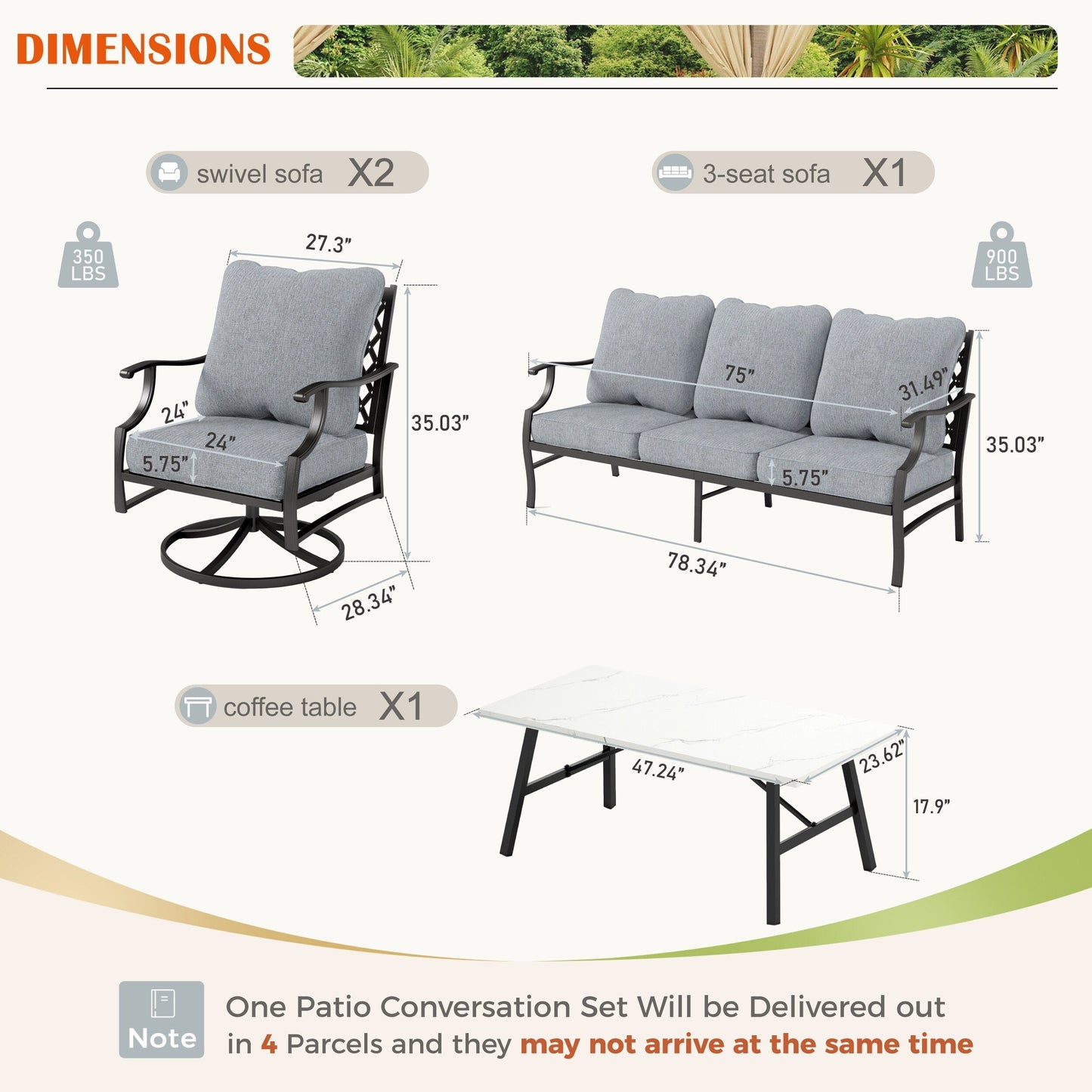 MAISON ARTS Set da conversazione per patio da 4/5 pezzi, set di divani con 2 poltrone singole, 1 divano a 3 posti e tavolino/pouf