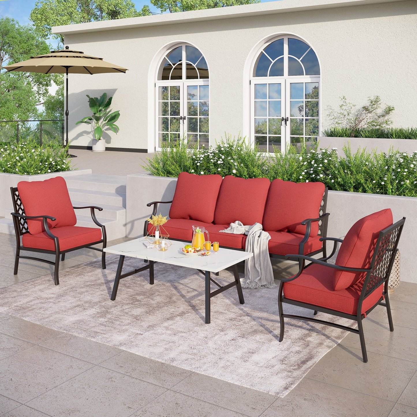 MAISON ARTS Set da conversazione per patio da 4/5 pezzi, set di divani con 2 poltrone singole, 1 divano a 3 posti e tavolino/pouf