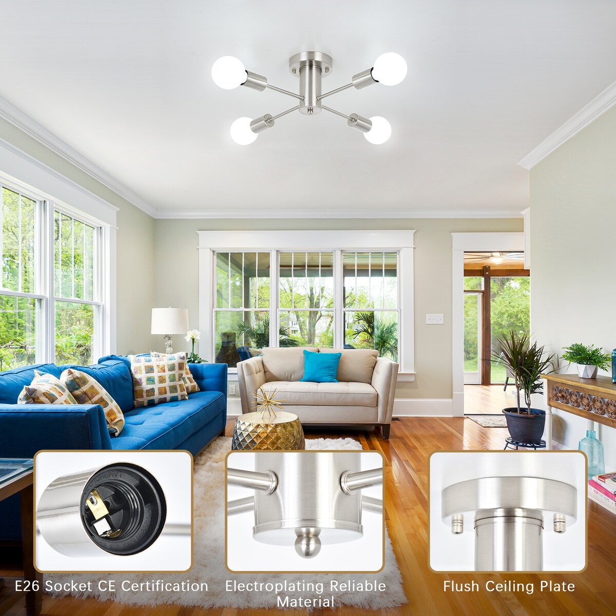 Lampada da soffitto industriale a 4 luci con montaggio a semi-incasso per cucina, sala da pranzo, camera da letto, studio, soggiorno - N/D