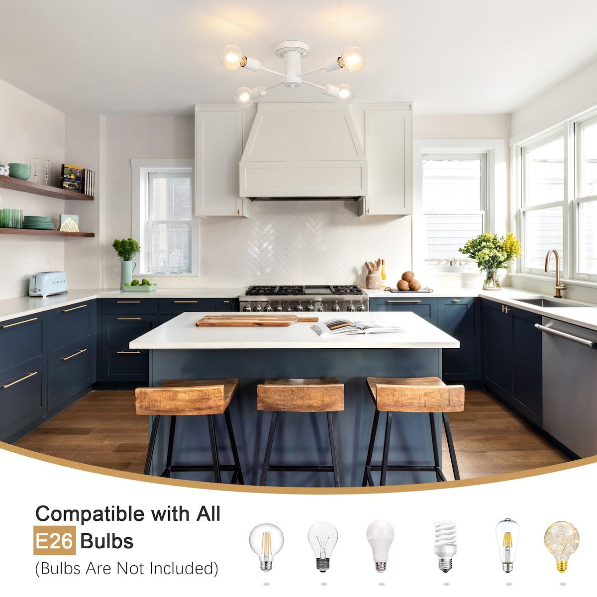 Lampada da soffitto industriale a 4 luci con montaggio a semi-incasso per cucina, sala da pranzo, camera da letto, studio, soggiorno - N/D