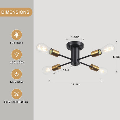 Lampada da soffitto industriale a 4 luci con montaggio a semi-incasso per cucina, sala da pranzo, camera da letto, studio, soggiorno - N/D