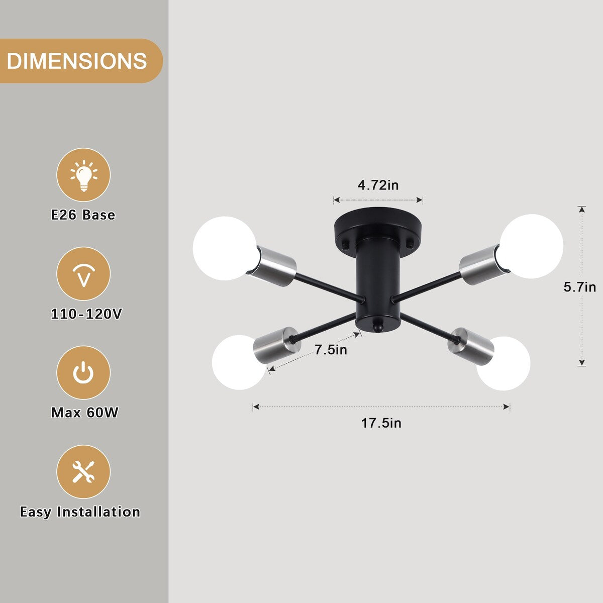 Lampada da soffitto industriale a 4 luci con montaggio a semi-incasso per cucina, sala da pranzo, camera da letto, studio, soggiorno - N/D