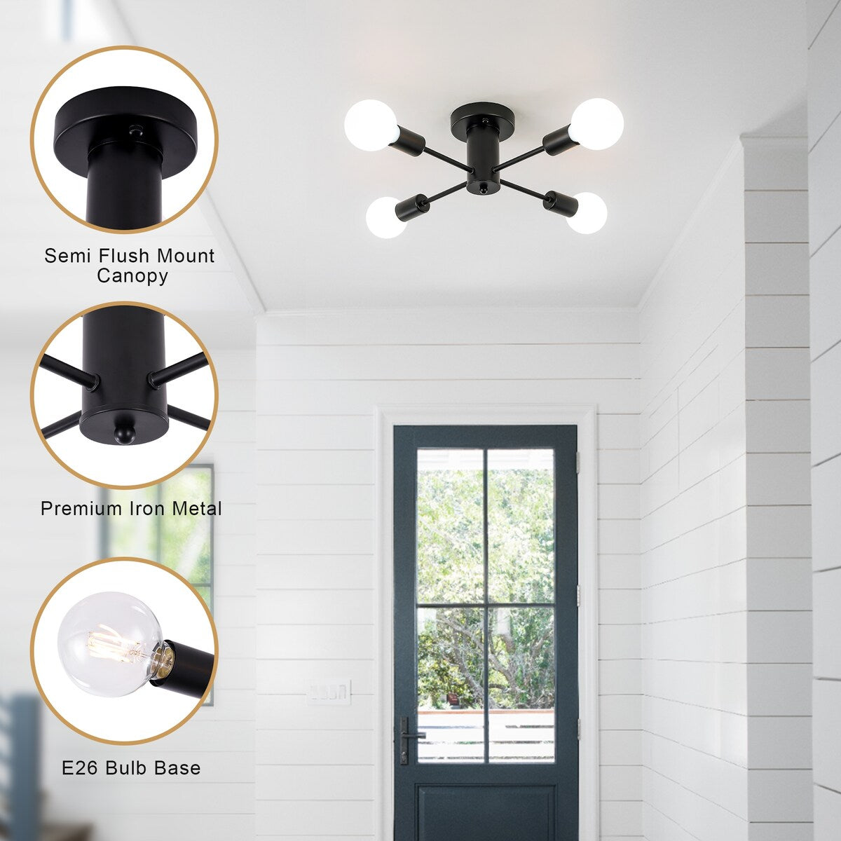 Lampada da soffitto industriale a 4 luci con montaggio a semi-incasso per cucina, sala da pranzo, camera da letto, studio, soggiorno - N/D