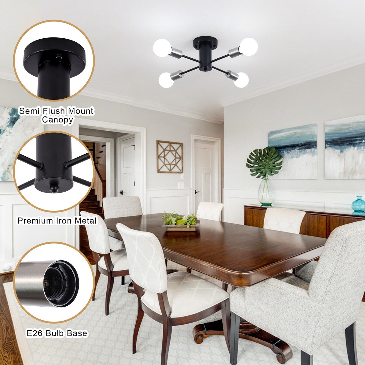 Lampada da soffitto industriale a 4 luci con montaggio a semi-incasso per cucina, sala da pranzo, camera da letto, studio, soggiorno - N/D