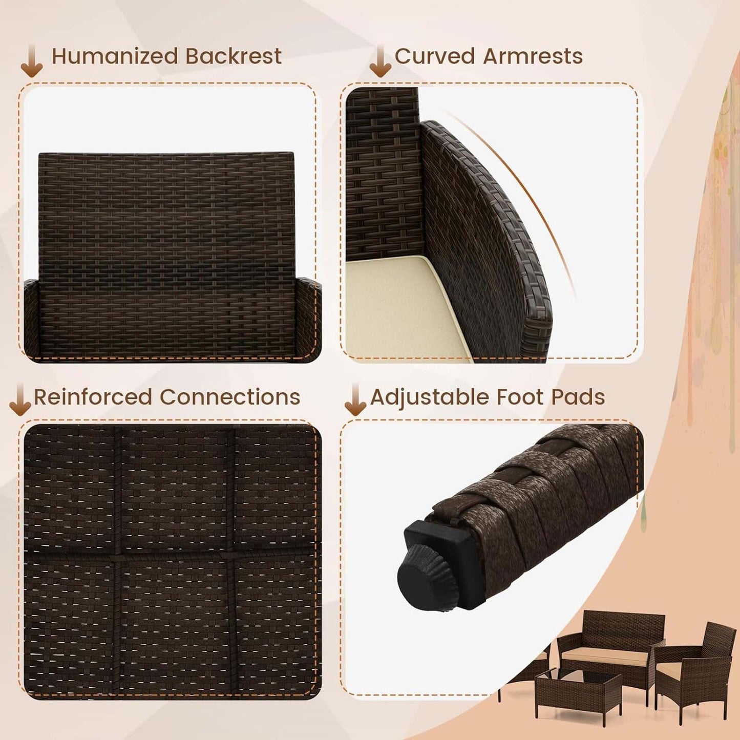 Set da conversazione in rattan da esterno, 4 pezzi, set di mobili da giardino in vimini