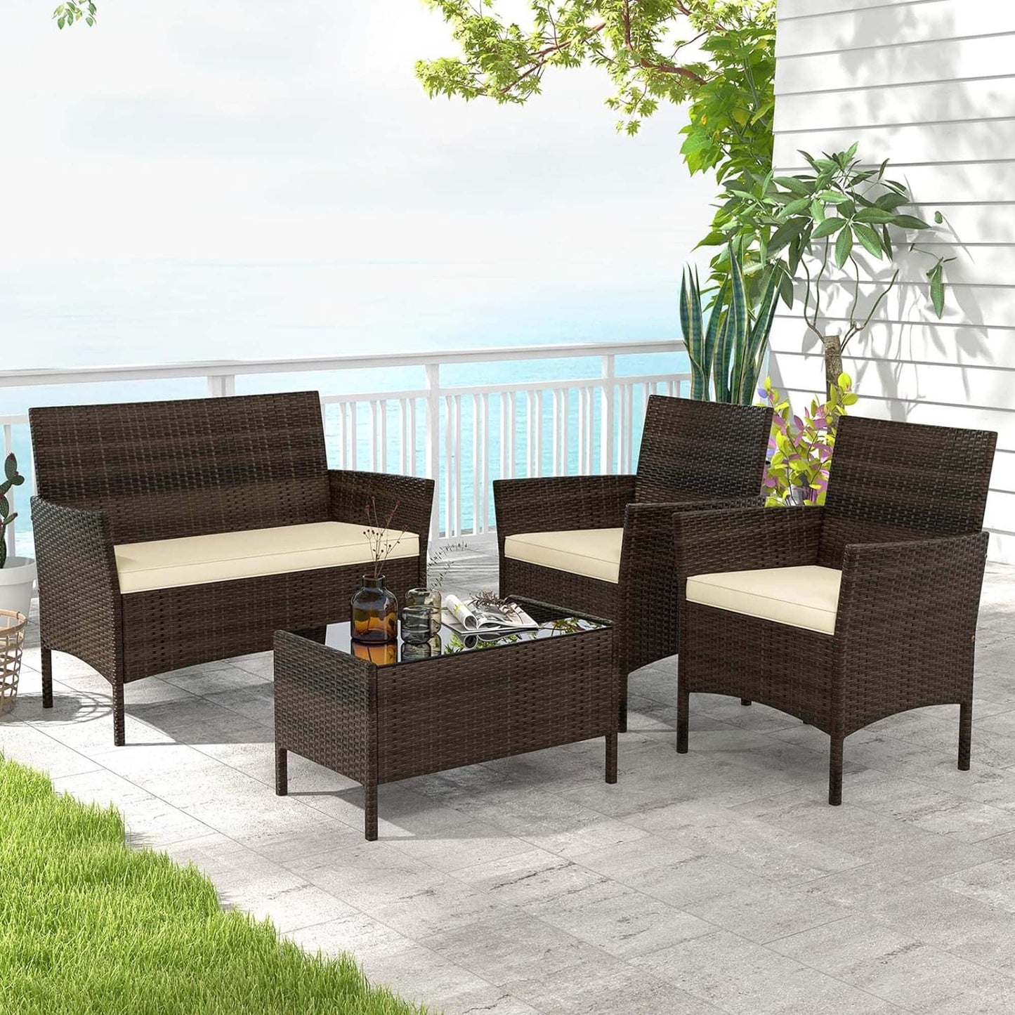 Set da conversazione in rattan da esterno, 4 pezzi, set di mobili da giardino in vimini