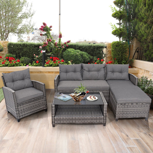 Set di 4 mobili da giardino in vimini, set da conversazione all'aperto con tavolo