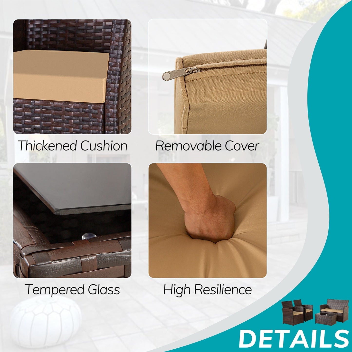 Set da conversazione in vimini per patio, 4 pezzi, divano, sedia e seduta in rattan