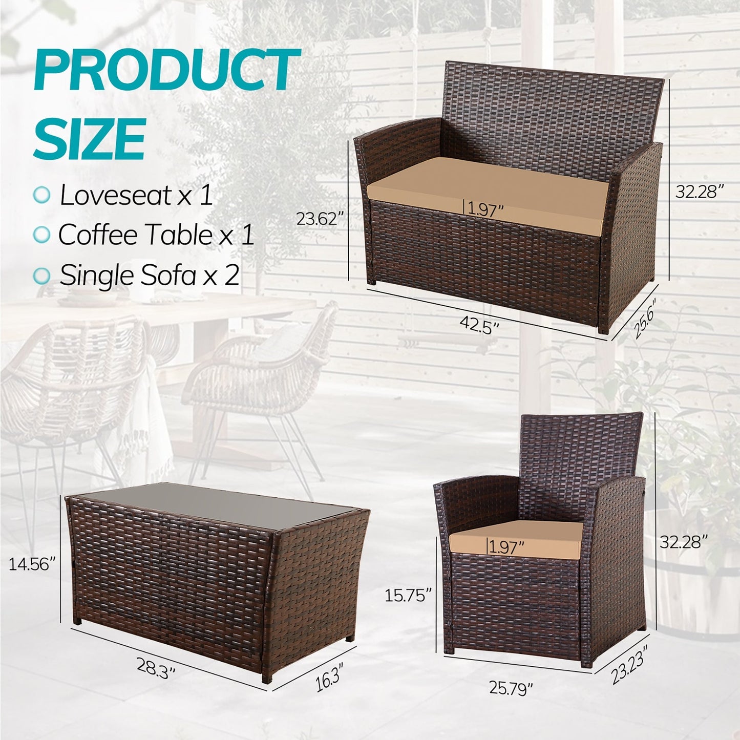 Set da conversazione in vimini per patio, 4 pezzi, divano, sedia e seduta in rattan