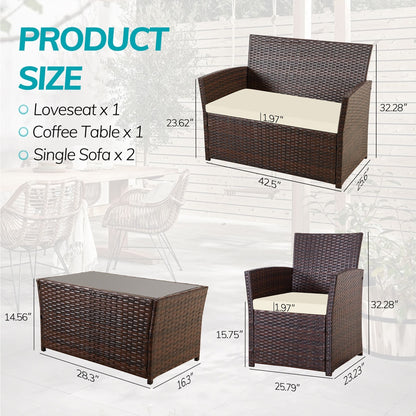 Set da conversazione in vimini per patio, 4 pezzi, divano, sedia e seduta in rattan