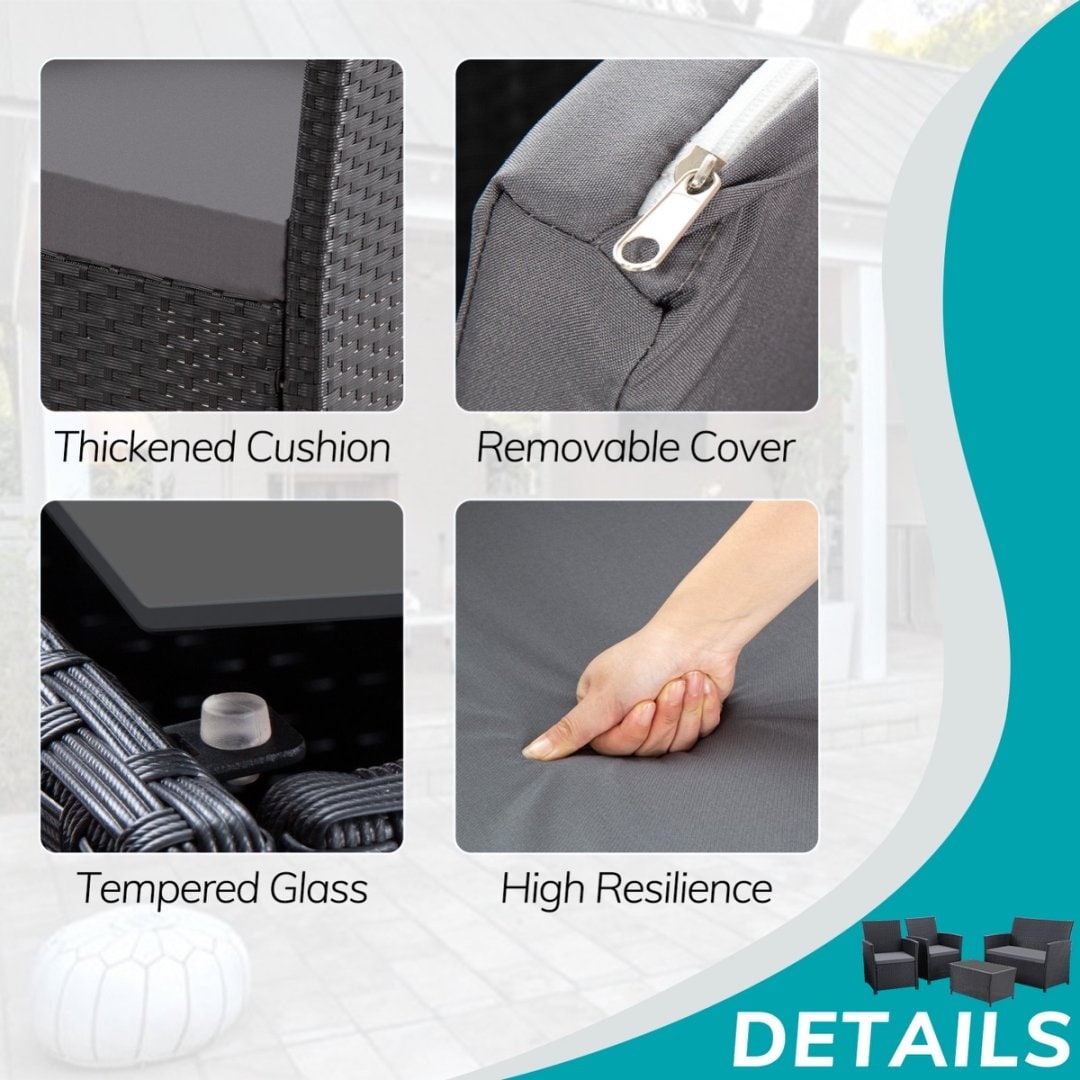 Set da conversazione in vimini per patio, 4 pezzi, divano, sedia e seduta in rattan