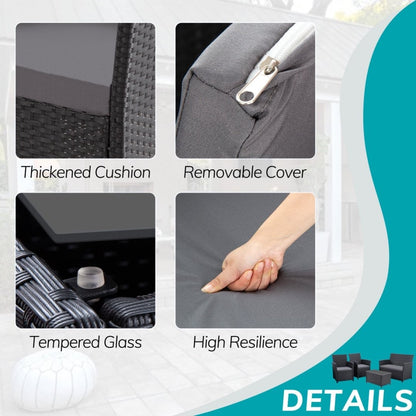 Set da conversazione in vimini per patio, 4 pezzi, divano, sedia e seduta in rattan