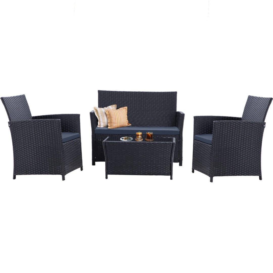 Set da conversazione in vimini per patio, 4 pezzi, divano, sedia e seduta in rattan