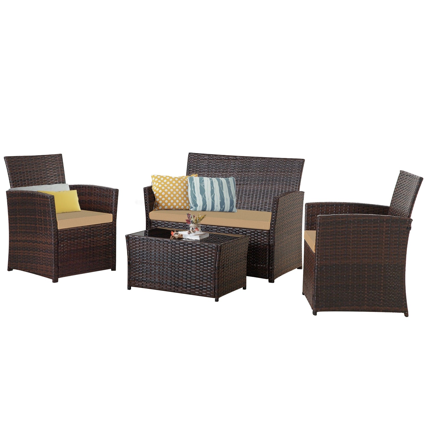 Set da conversazione in vimini per patio, 4 pezzi, divano, sedia e seduta in rattan