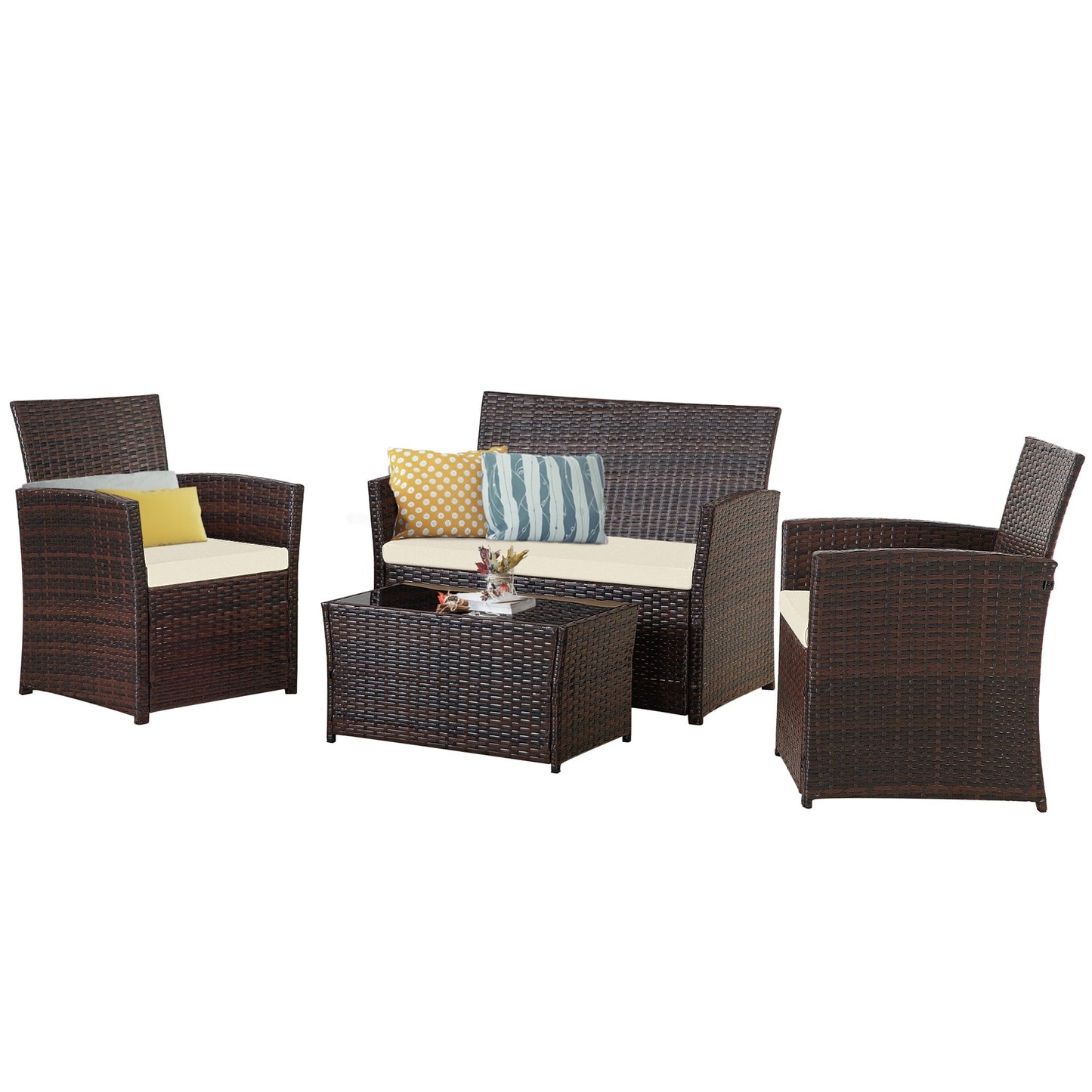 Set da conversazione in vimini per patio, 4 pezzi, divano, sedia e seduta in rattan