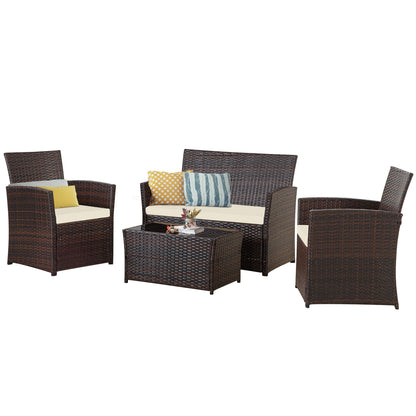 Set da conversazione in vimini per patio, 4 pezzi, divano, sedia e seduta in rattan