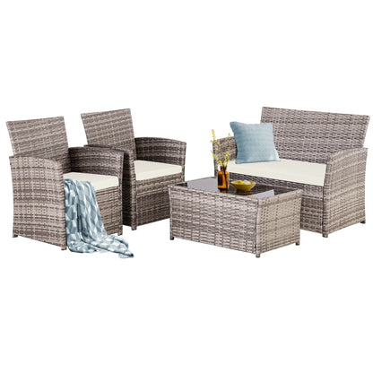 Set da conversazione in vimini per patio, 4 pezzi, divano, sedia e seduta in rattan